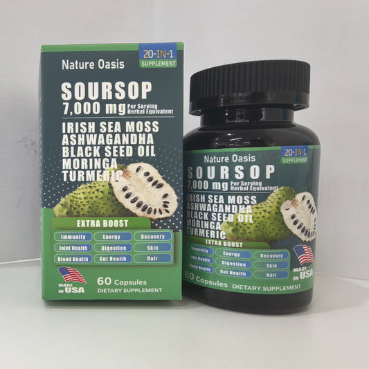 NatureOasis 20-IN-1 Soursop Sea Moss Ashwagandha Black Seed Oil Moringa Turmeric Extract bundled Herbal Supplement, 60 Capsules